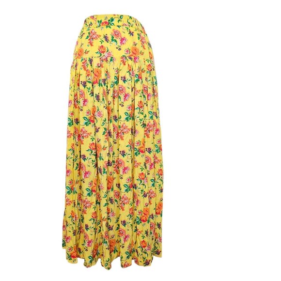 VTG Oilily Womens Yellow Floral Maxi Skirt Long Pullon Sz S M Pleated Viscose - Picture 2 of 11